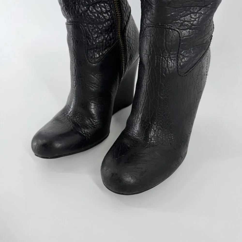 Tory Burch Dabney Knee High Wedge Boots Women’s 7.5 Black Pebbled Leather Zip Up